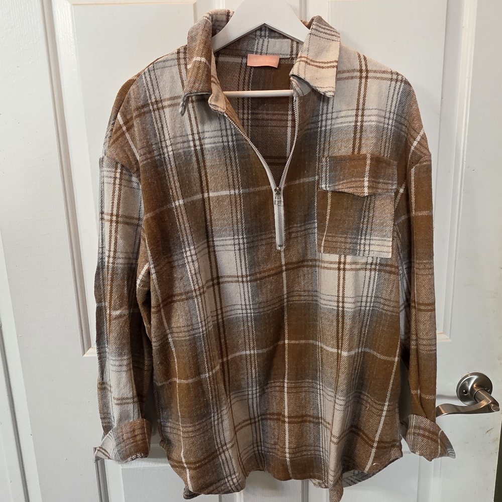 Brown Plaid Quarter-Zip Flannel  Shirt